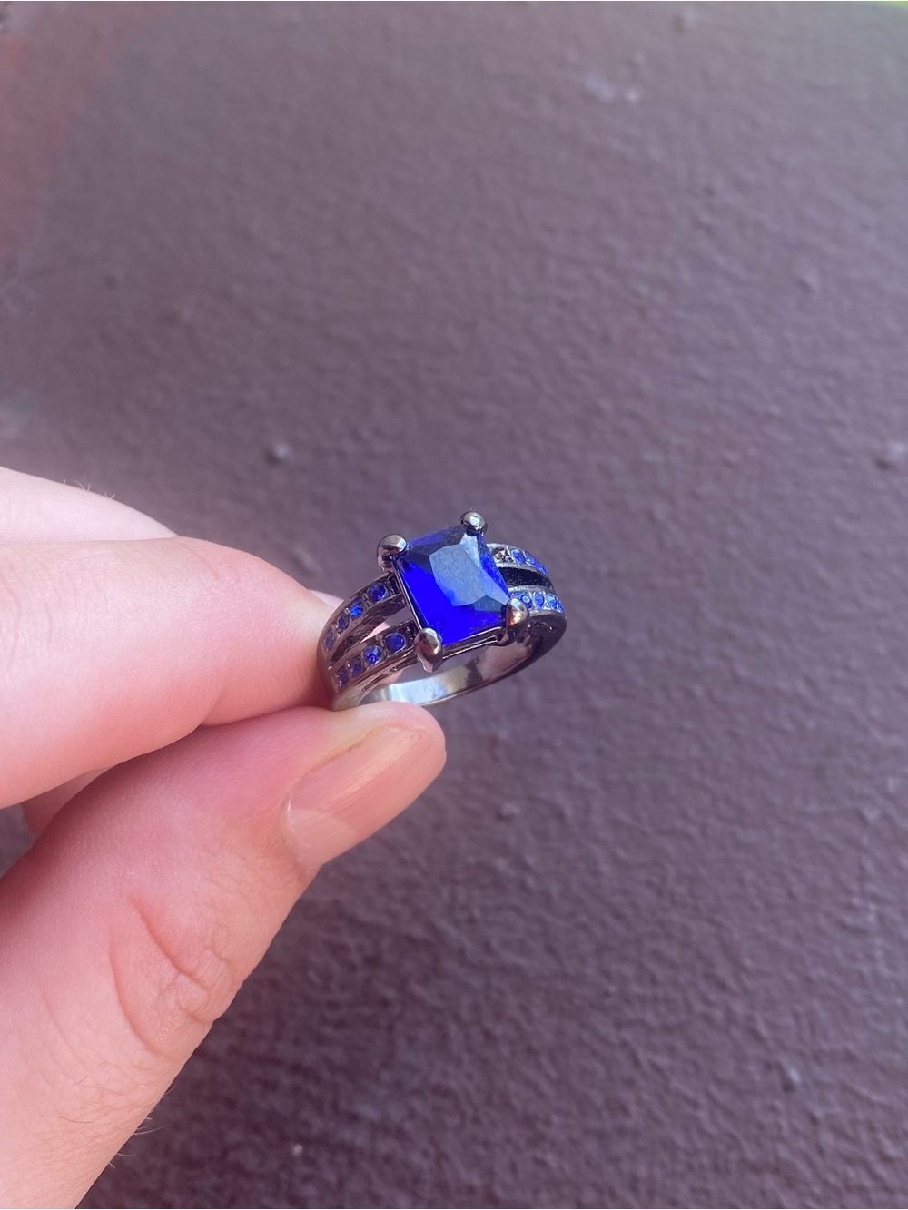 Blue Square-Cut Crystal Cubic Zirconium Statement Stainless Steel Ring Size 5.5